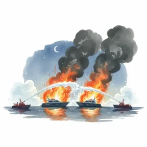 Firefighters tackling a boat fire at a marina