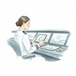 Yacht crew member checking digital equipment