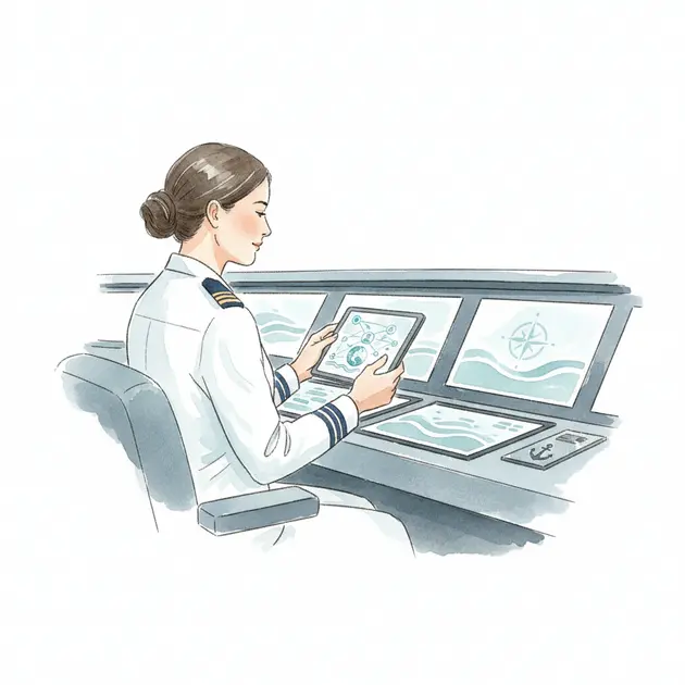 Yacht crew member checking digital equipment