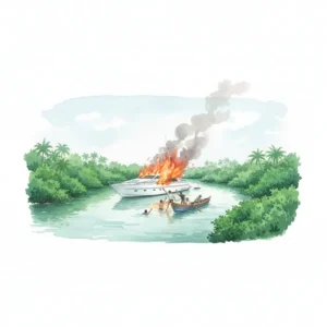 Carcasse calcinée d'un yacht après un incendie