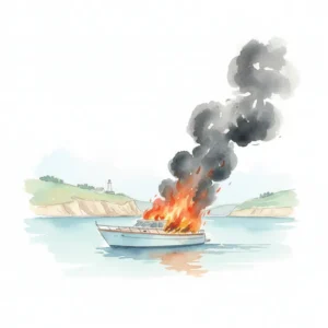 Épave d'un yacht de luxe incendié et partiellement immergé