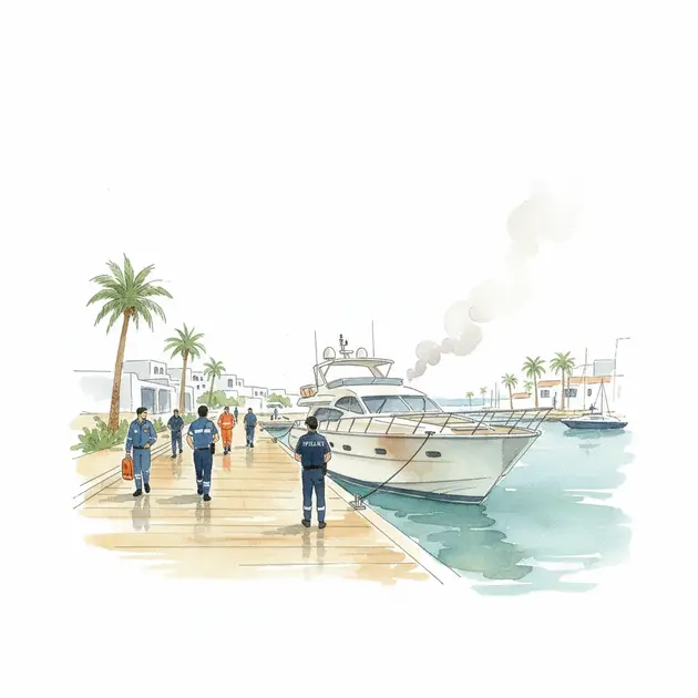 Emergency services managing a yacht fire in a Spanish marina
