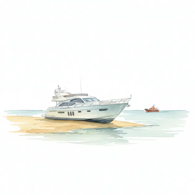 A large motor yacht stranded on a sandbank during low tide.