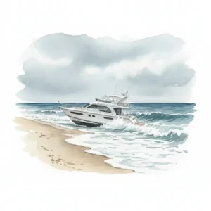 Le yacht Proudfoot échoué sur la plage de Fire Island après son sauvetage par les garde-côtes.