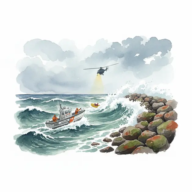 Rescue boat operating in rough coastal waters