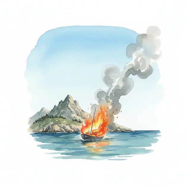 A burning sailboat grounded on a beach