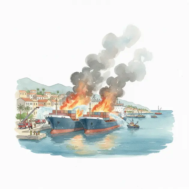 Cruise ships burning in Paxos harbor