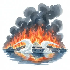 Vue aérienne des dégâts après l'incendie du Cottage Park Yacht Club