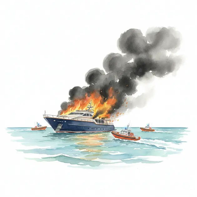 Brennende Luxusyacht auf dem Meer