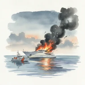 Luxury yacht engulfed in flames at sea