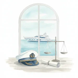 Professional yacht crew member reviewing safety documentation