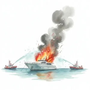 Luxury yacht engulfed in flames at a marina
